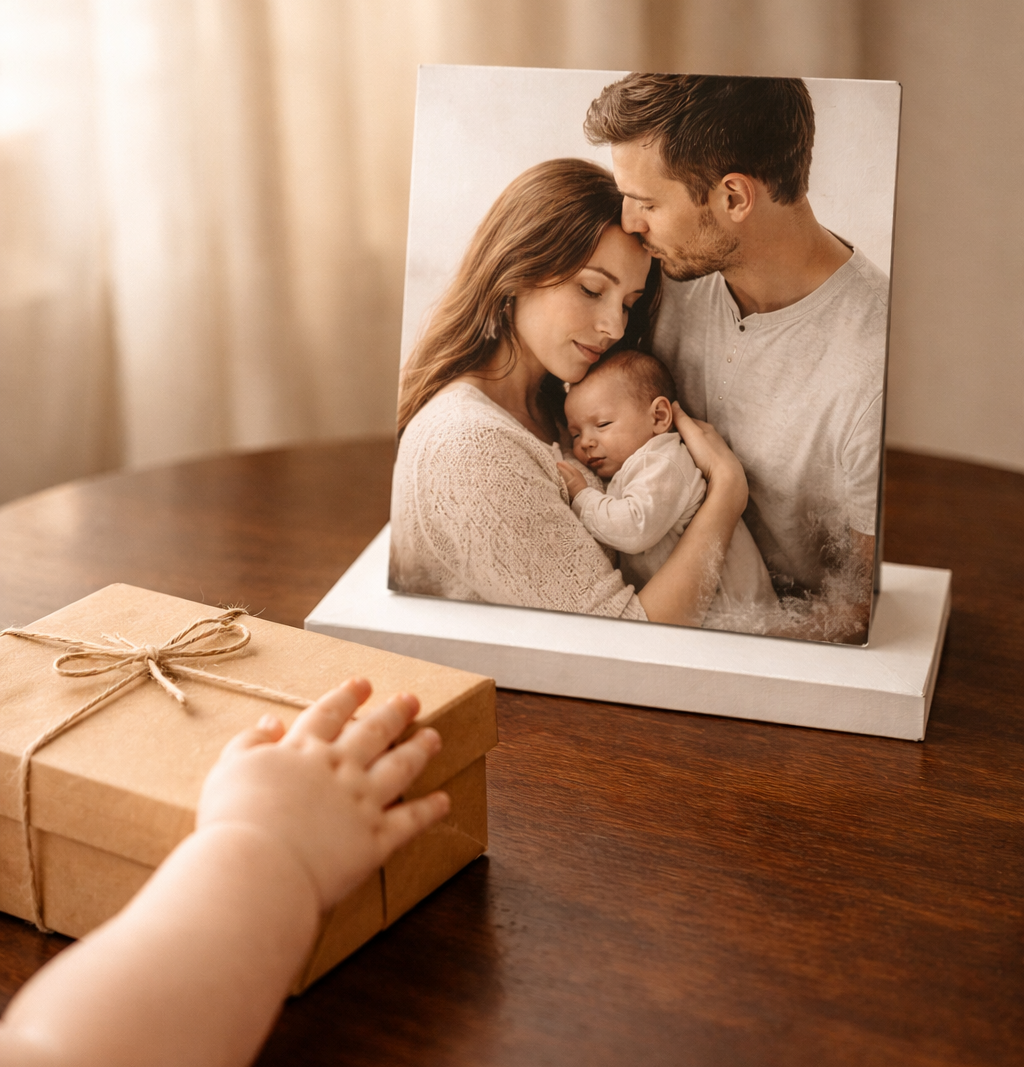 Cuadro personalizado y caja de regalo en ambiente cálido y familiar