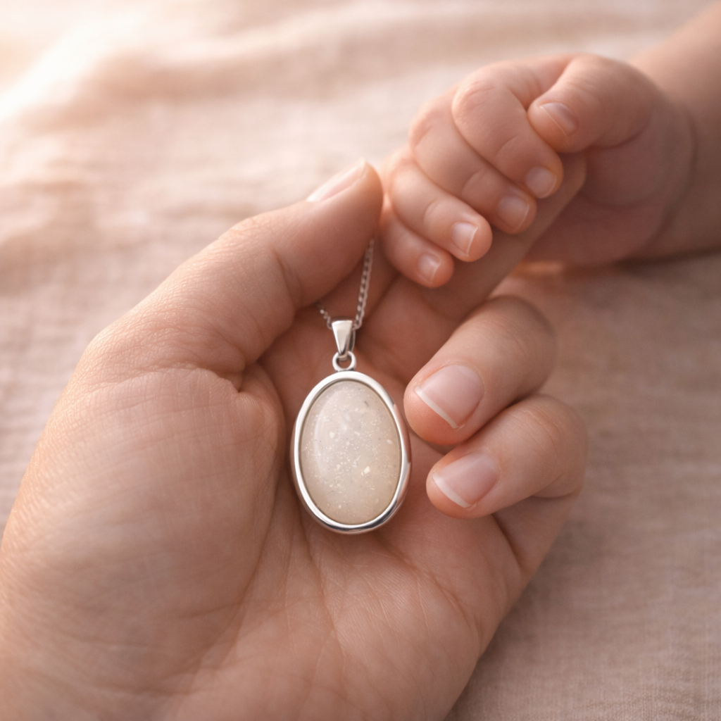 una madre y un bebé sosteniendo una joya de leche materna